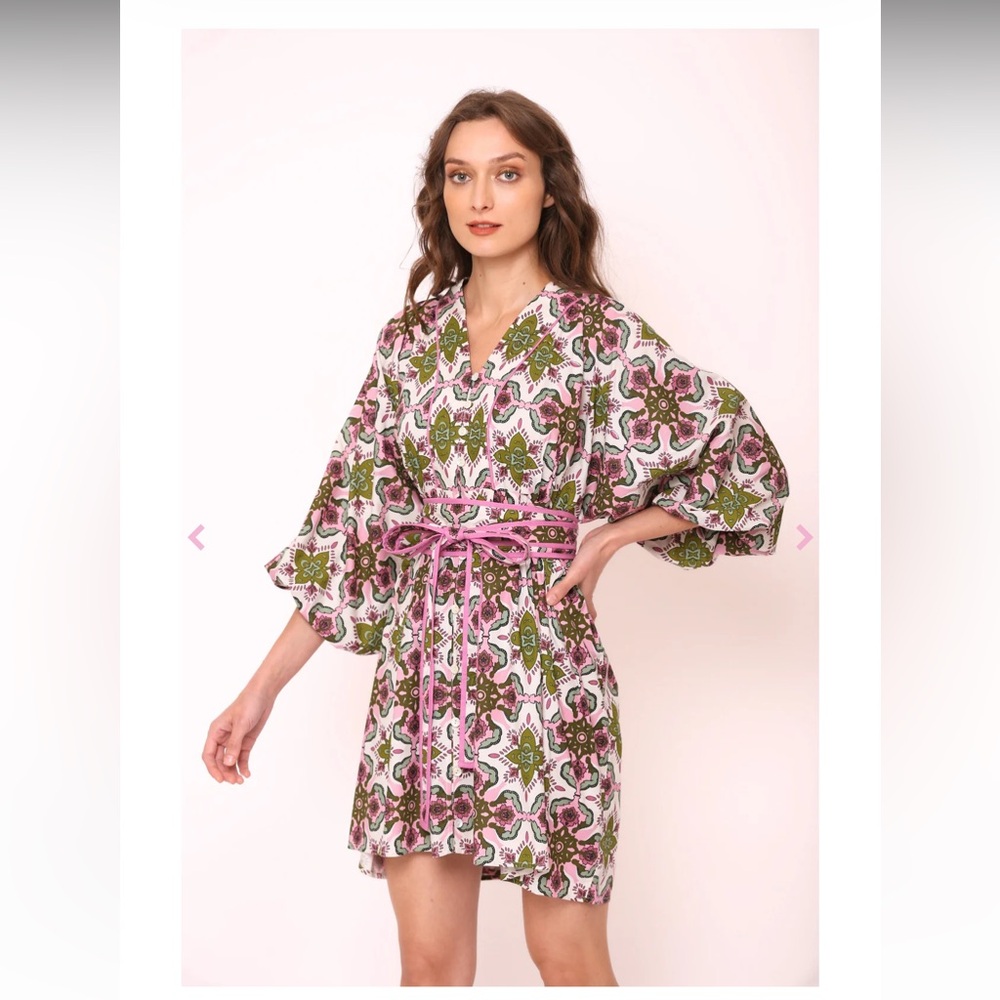 Printed Wrap Mini Dress in Pink & Green